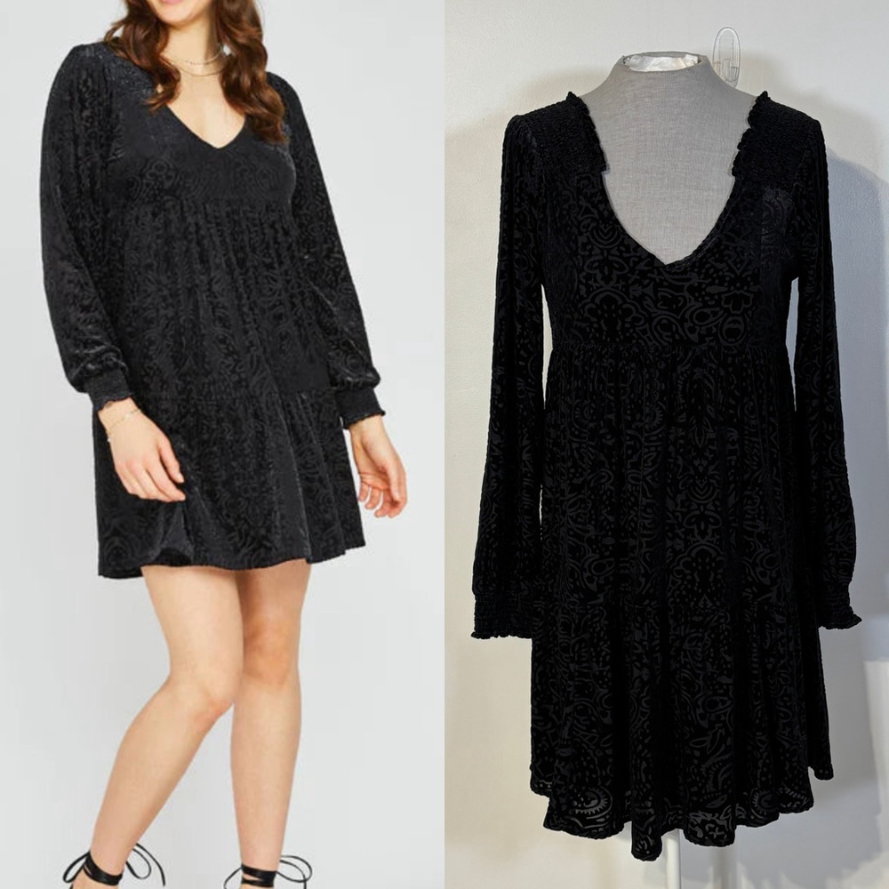 Gentle Fawn Verona Velvet Burnout Dress Black Women’s Small V-Neck Smocked Cuffs